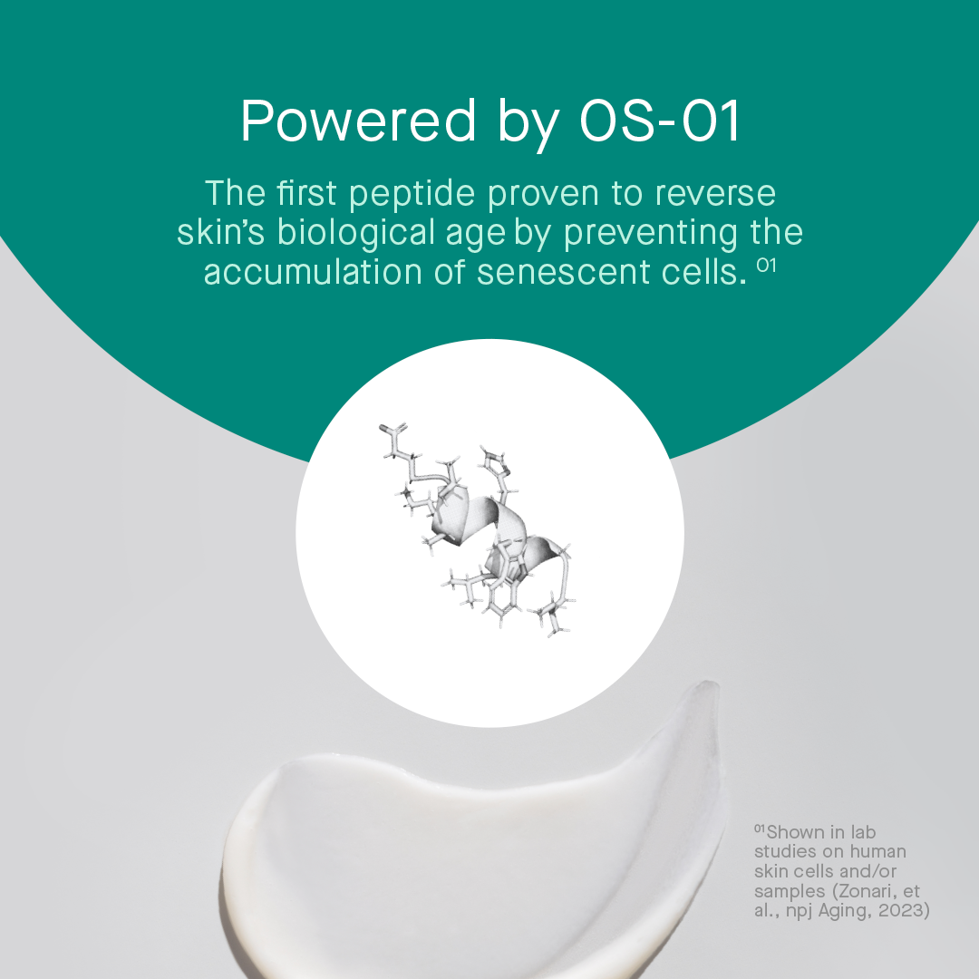 Powered by OS-01 The first peptide proven to reverse skin's biological age by preventing the accumulation of senescent cells. •1 • Shown in lab studies on human skin cells and/or samples (Zonari, et al., npj Aging, 2023)